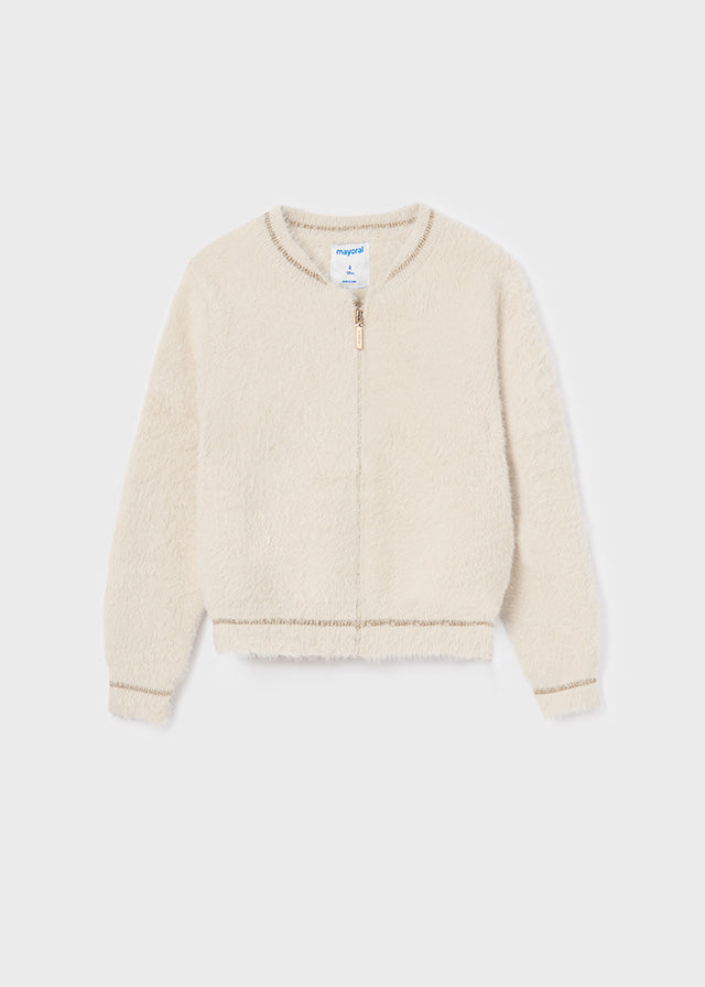 Cream Fuzzy Zip Cardigan