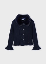 Load image into Gallery viewer, Dressy Navy Cardigan With Faux - Fur Removable Collar
