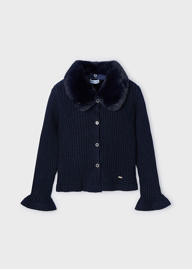 Dressy Navy Cardigan With Faux - Fur Removable Collar