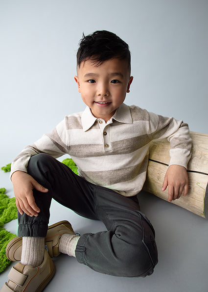 Cream/Toffee Striped Knit Polo Shirt