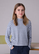 Load image into Gallery viewer, Blue/Grey/White Stripped Mock Neck Sweater
