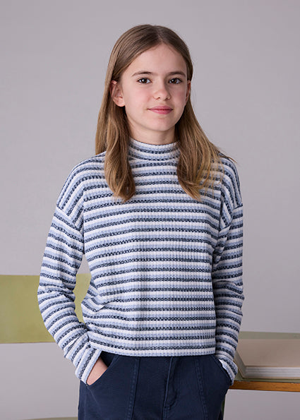 Blue/Grey/White Stripped Mock Neck Sweater