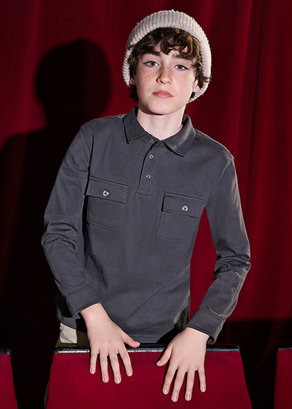 Long Sleeve Polo In Shadow Grey