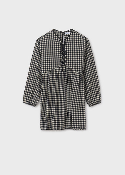 Check Print Front Bow Tie Dress