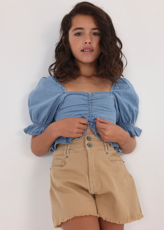 Denim Ruched Cropped Top