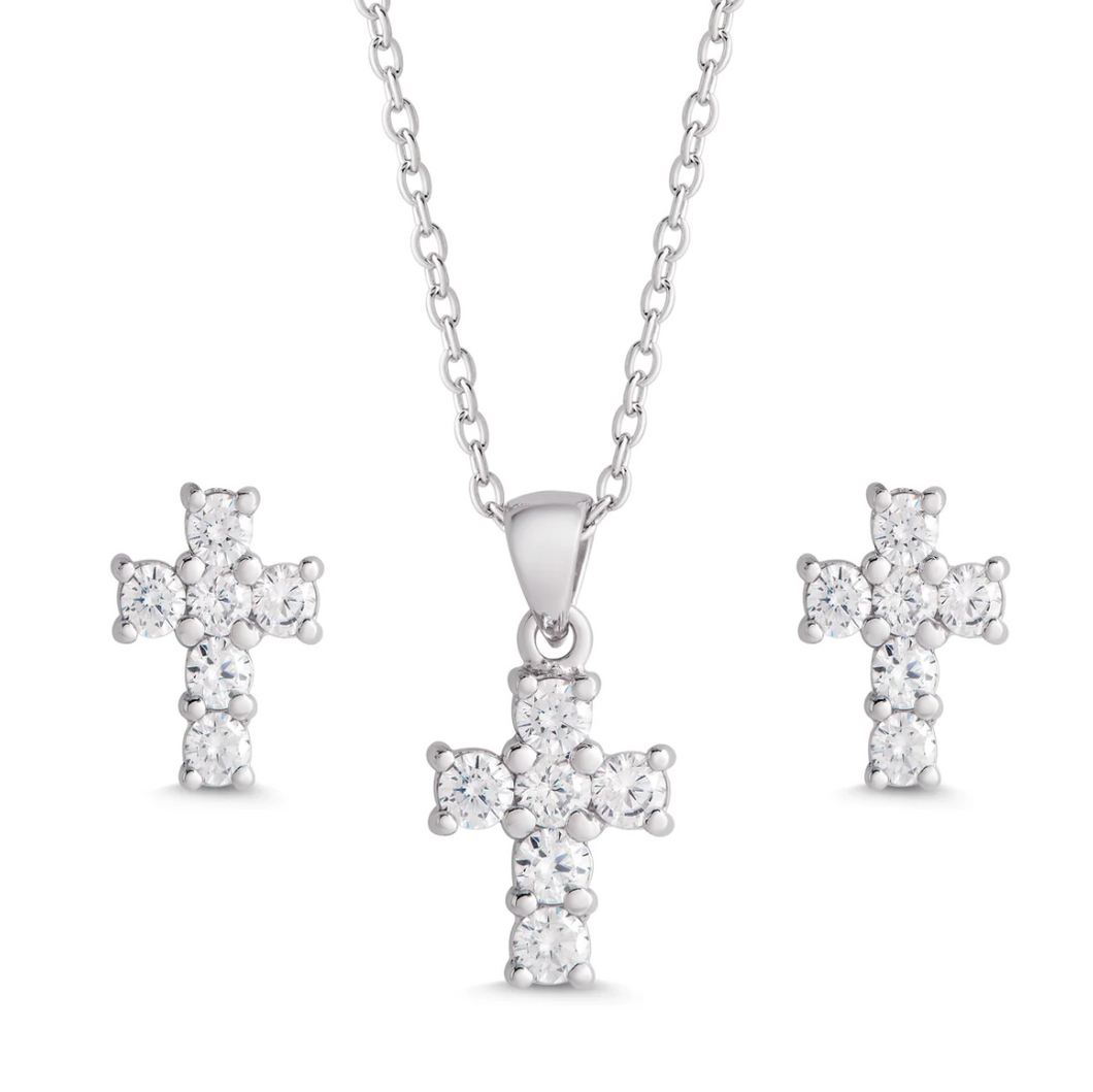 Sterling Silver Cross Necklace & Earrings Set