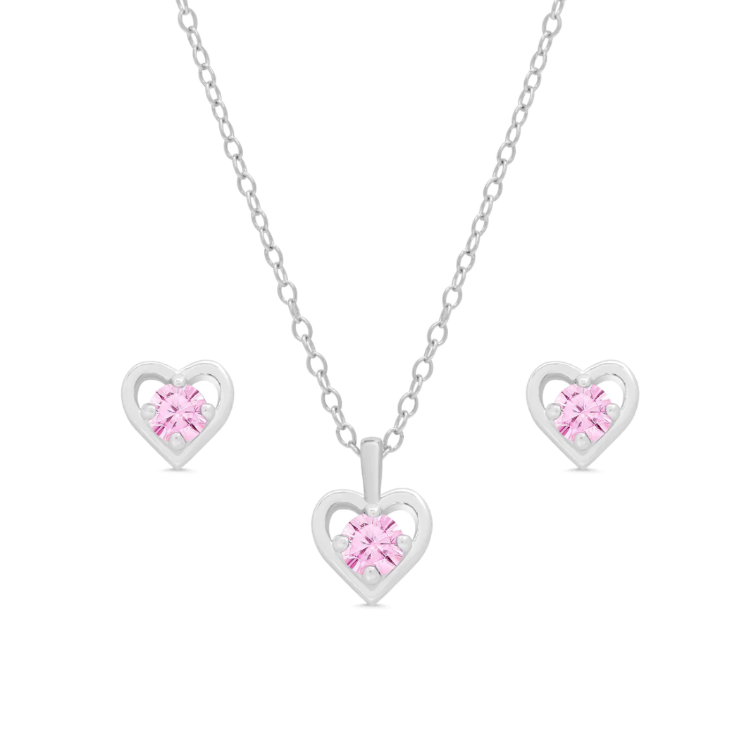 Pink CZ Heart Necklace & Earring Set