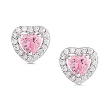 Load image into Gallery viewer, Sterling Silver Halo Heart Pink Stone Earrings
