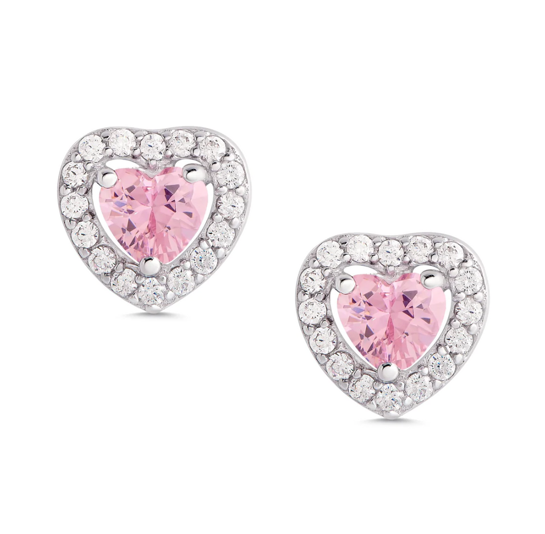 Sterling Silver Halo Heart Pink Stone Earrings