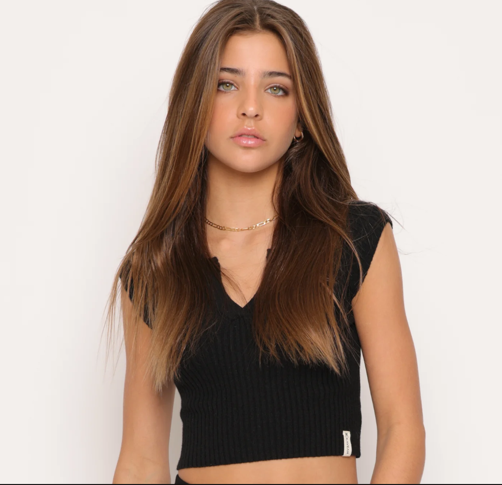 Variegated Rib Split Neck Cap Sleeve In Black