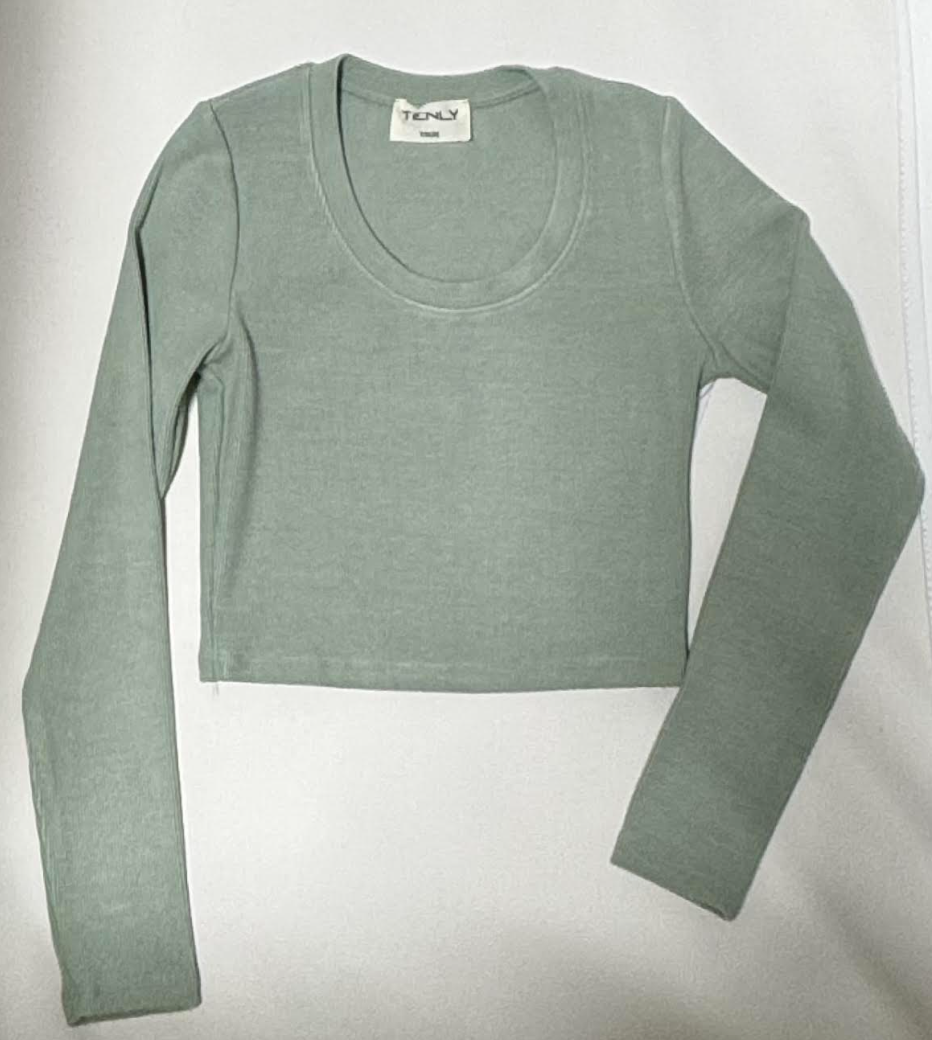 Long Sleeve Scoop Neck Crop Top In Pistachio