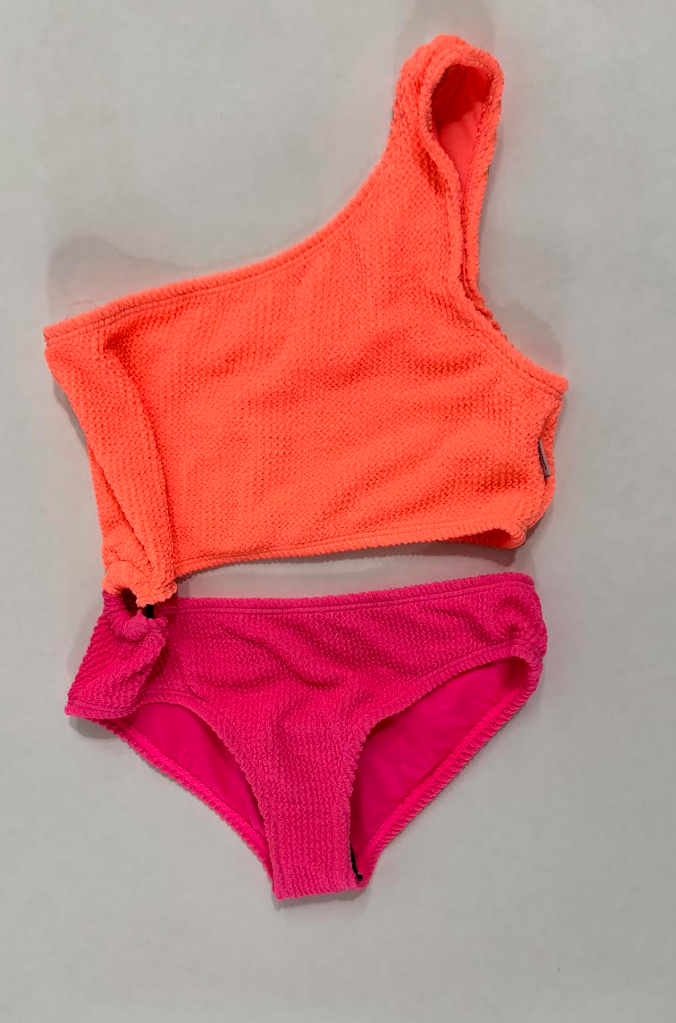 Crinkle Asymmetrical Coral-Fuchsia Side Ring Swimsuit