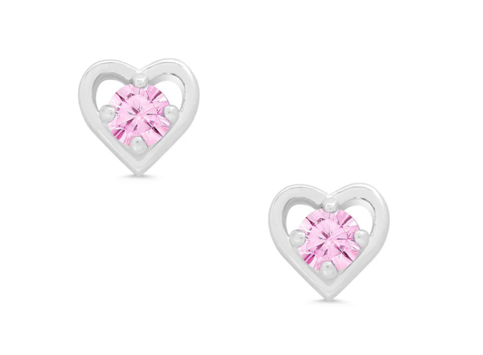 Pink CZ Heart Stud Earrings In Sterling Silver