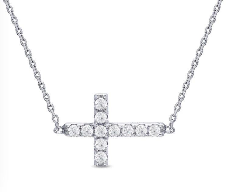 Sideways Cross CZ Necklace In Sterling Silver