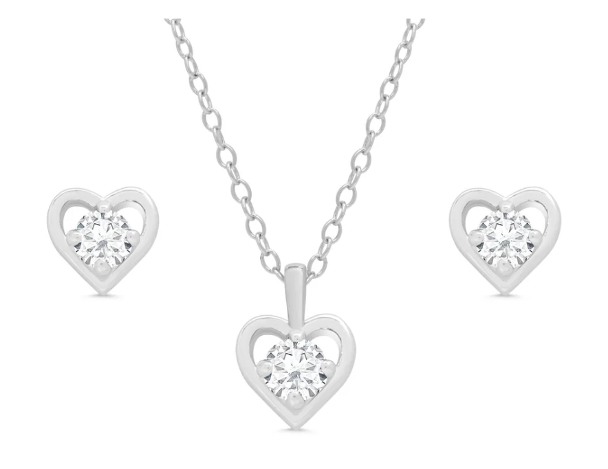 CZ Heart Stud And Necklace Set In Sterling Silver