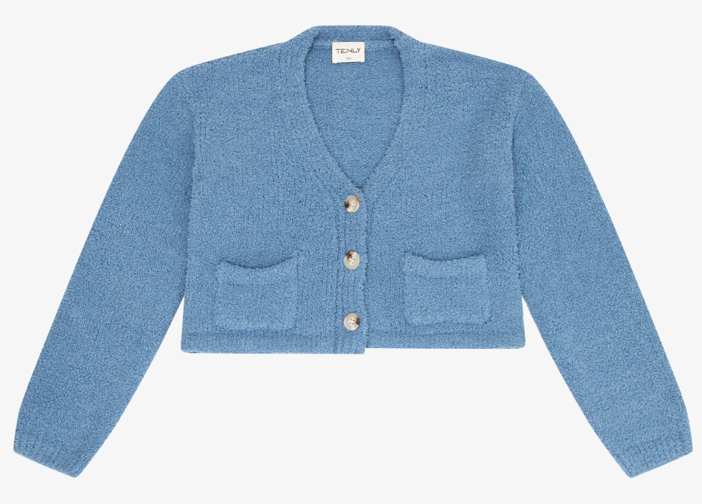 Sherpa Cropped Button Sweater In Cerulean Blue