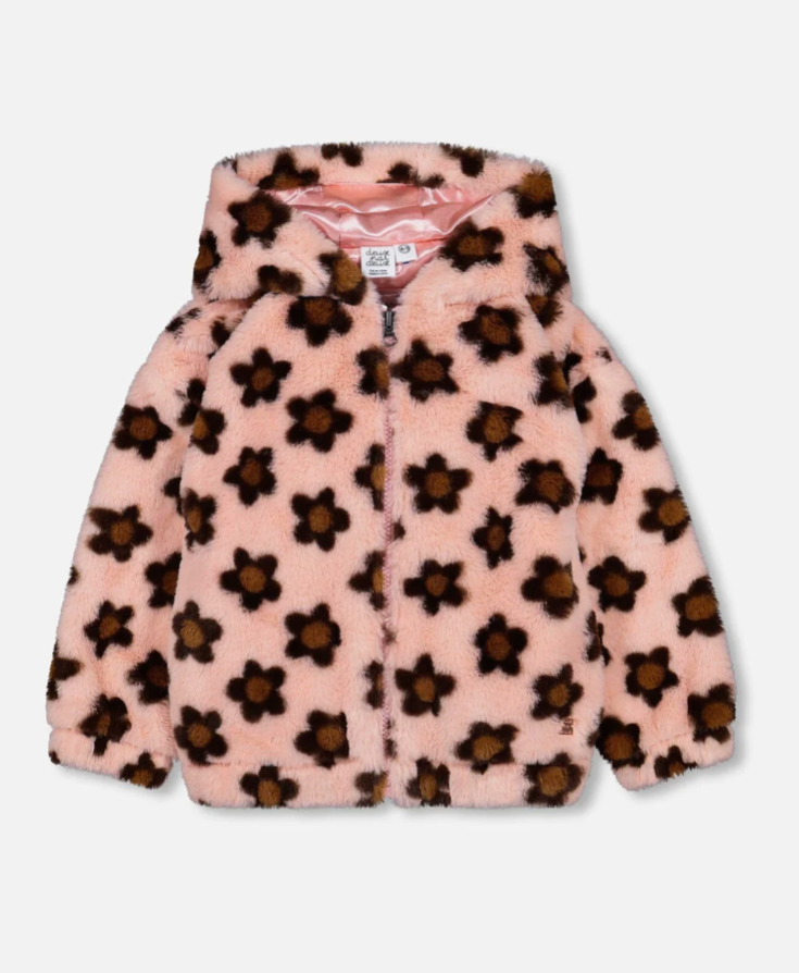 Brown Daisy Pink Faux Fur Jacket