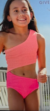 Load image into Gallery viewer, Crinkle Asymmetrical Coral-Fuchsia Side Ring Swimsuit
