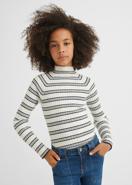 Black/Blue Striped Ribbed High-Neck Top