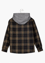 Load image into Gallery viewer, Black/Tan Hooded Plaid Shacket

