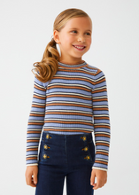 Load image into Gallery viewer, Camel/Blue Stripe Ribbed Sweater
