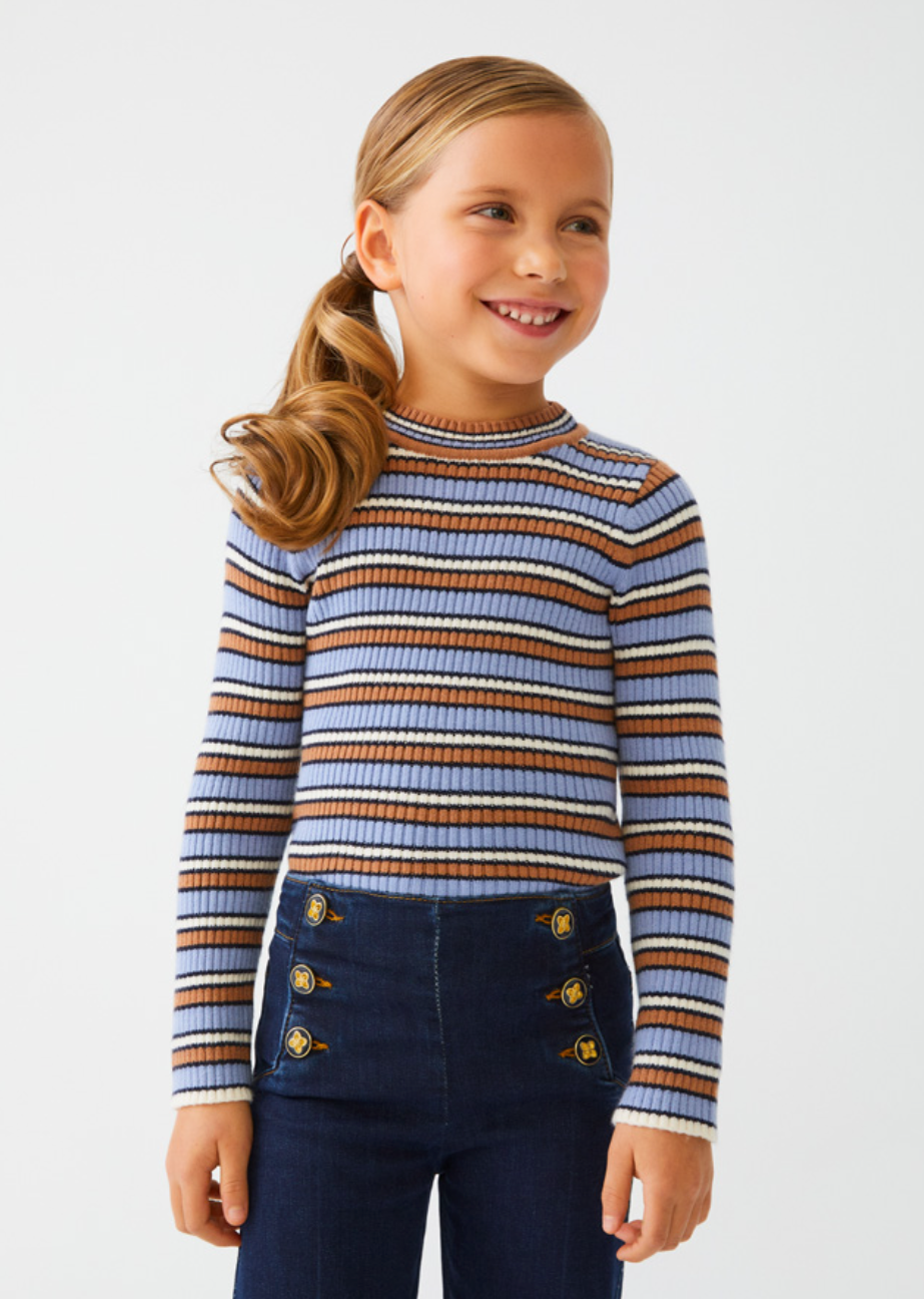Camel/Blue Stripe Ribbed Sweater