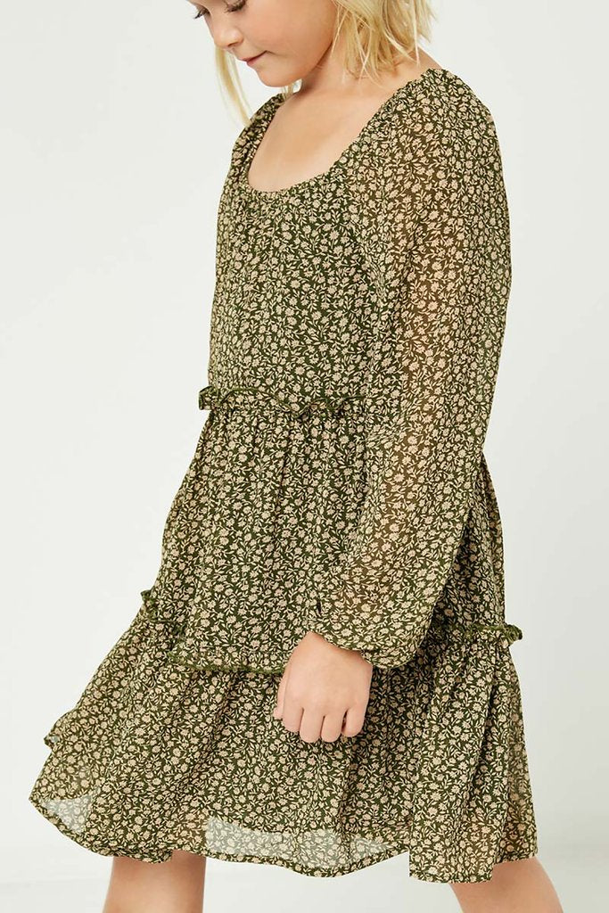 Petite Floral Olive Tiered Dress